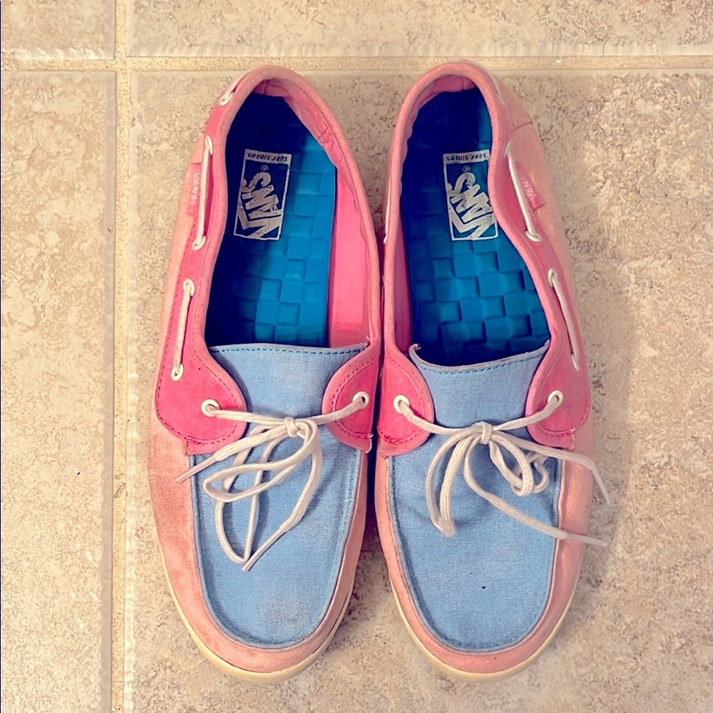 Women’s Vans Pink and Blue boat-style Vans with white Laces